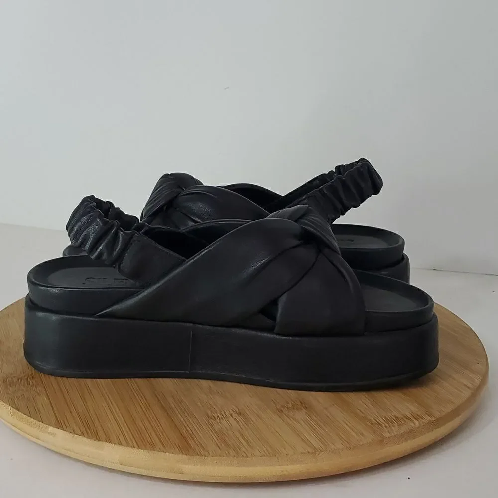 Silent D Pance Leather Platform Slingback Slide Sandal Knotted Black Size 38